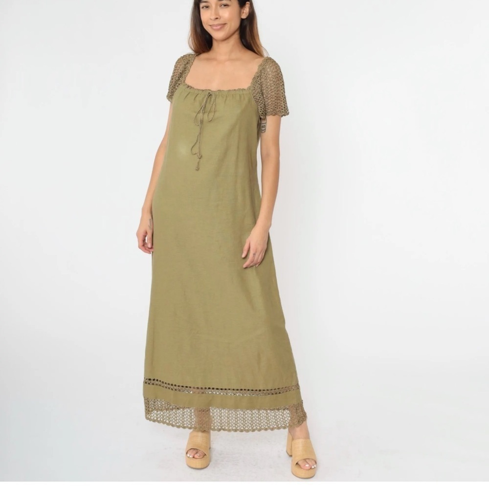 Saint Tropez West Carole Little Crochet  Dress Linen Green Khaki Maxi SZ 6 Fairy